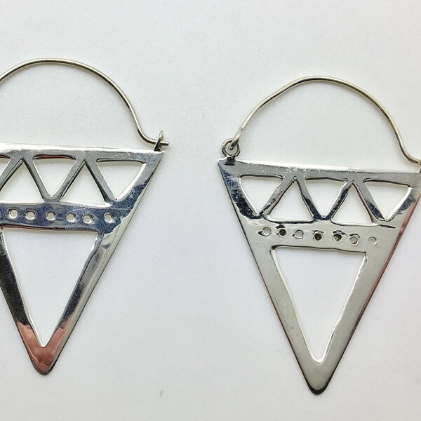 925 Sterling Silver Hoop Triangle Geometric Teardrop Earrings Filigree Ethnic, Silver Geometric Drop Dangle Earrings, Flat Lightweight