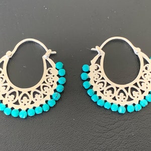 925 Sterling Silver Hoops Earrings Turquoise Gemstone Filigree Ethnic Tribal, Turquoise Hoop Earrings, Silver Turquoise Blue Earrings