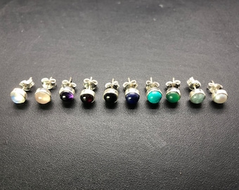 925 Sterling Silver Gemstone Round Stud Earrings Garnet Moonstone Turquoise Pearl Black Onyx Lapis Rose Quartz Green Onyx Amethyst Aquamarin