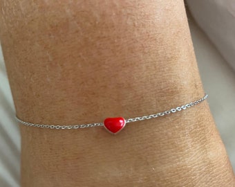 925 Sterling Silver Heart Chain Anklet Girls Child Women, Red 3D Heart Chain Anklet, Puff Heart Charm Anklet, Gift for Girl Women Bridesmaid