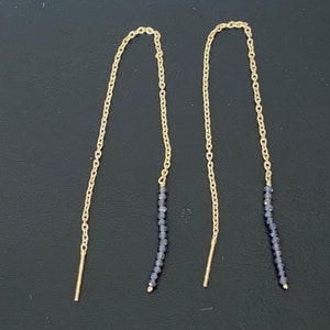18K Gold on Sterling Silver Iolite Threader Earrings Gemstone Beads Long, Gold Blue Gem Threader Earrings, Gold Vermeil Iolite Threaders
