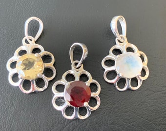 Genuine 925 Sterling Silver Gemstone Flower Pendant Charm Citrine Rainbow Moonstone Garnet, Daisy Flower, Burgundy Red, Yellow Rainbow White