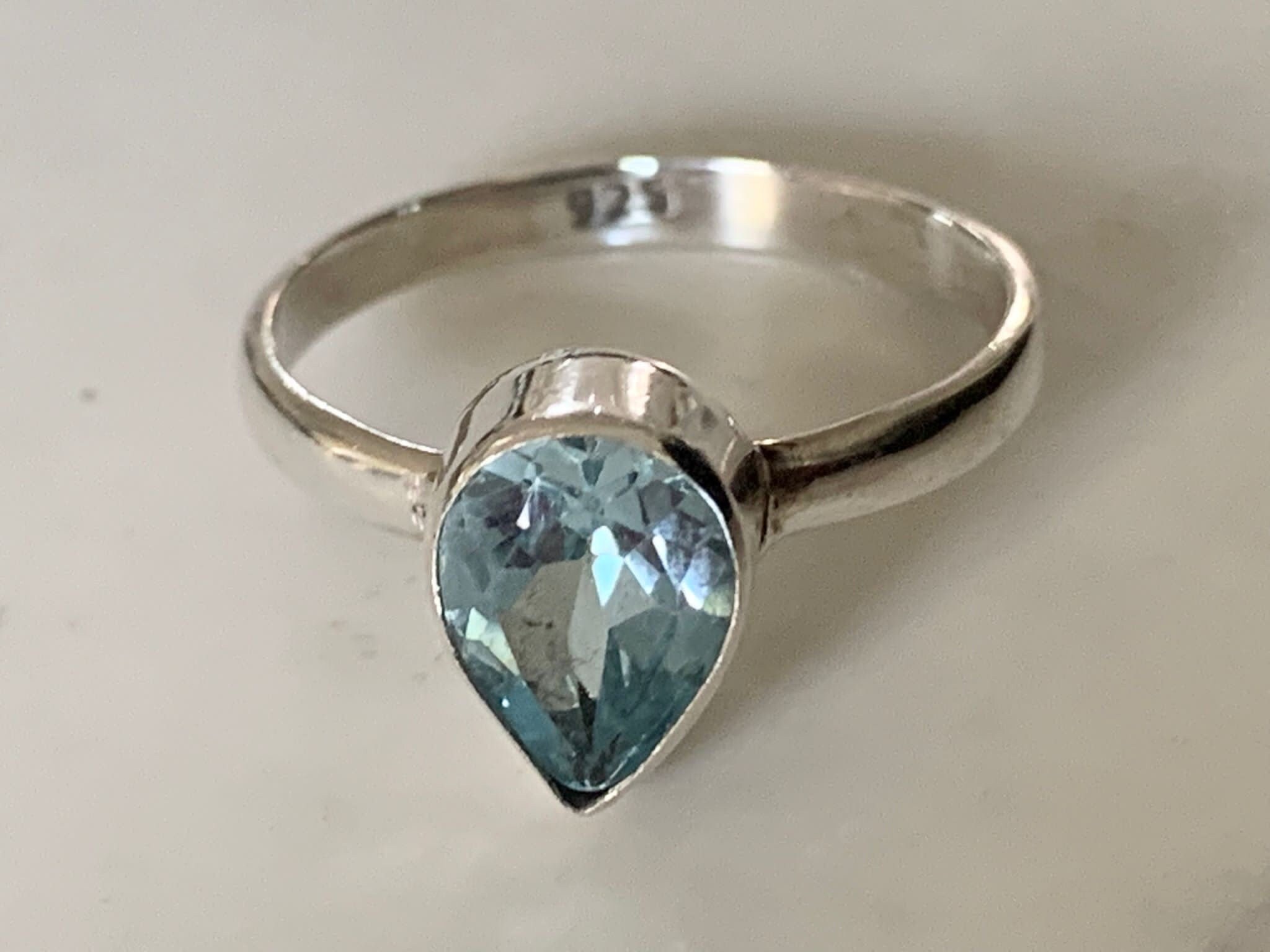 925 Sterling Silver Blue Topaz Ring Gemstone Teardrop Pear Stack Size 5 ...