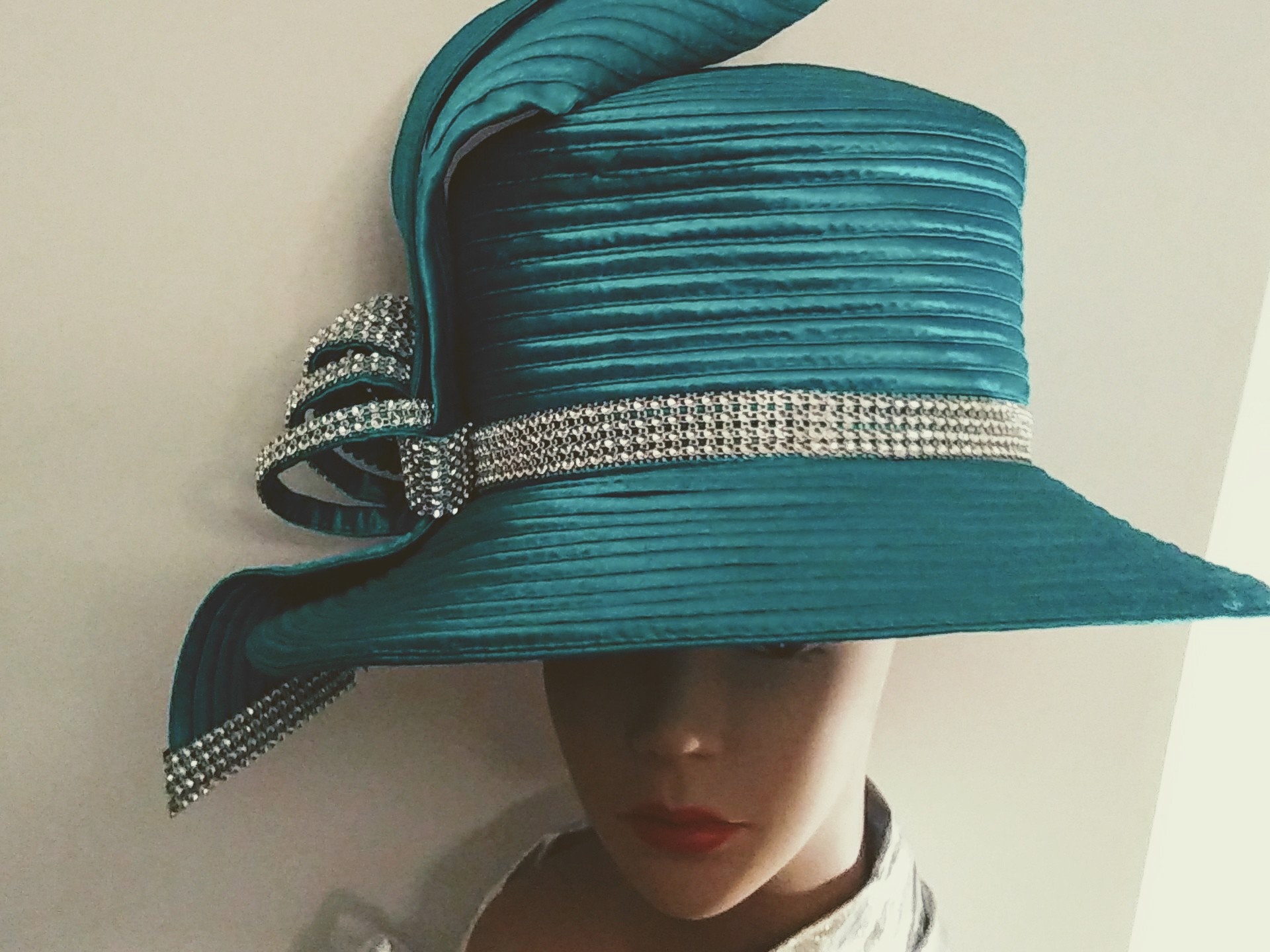 Turquoise Church Hat with Stunning Bow and Rhinestones Etsy