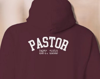 Pastor Appreciation Hoodie, Personalized Gift for Preacher, Ordination Date on Back, Christian Symbol Chest Front, Custom Hoodie with Pocket