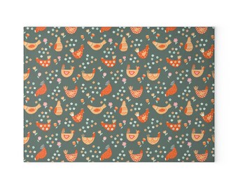 Glass Charcuterie Board with Chickens, Farmhouse Kitchen Cutting Board