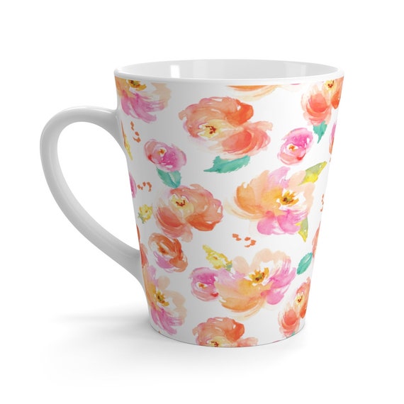 Orange Blossoms Latte Mug, Ceramic Latte Mug, Orange and Pink Latte Cup,  Coffee Cup Latte Cup, Gift for Latte Drinker, 12 Oz Latte Mug 