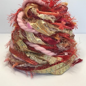 Mrs. Kringle&#39;s Party Dress Mixed Fiber/Yarn Sample Bundle 26-yards for your party table, gift wrapping, weaving, fringe, and much more!