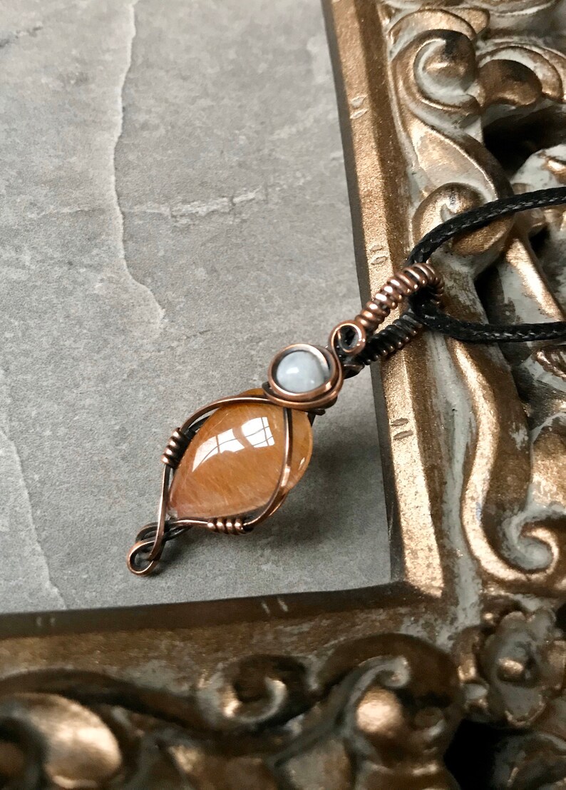 Copper Rutile Quartz with Moonstone Wire Wrapped Handmade Pendant