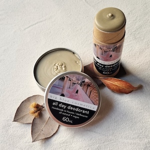 May include: A 60 ml jar and a 60 ml stick of all-natural vegan deodorant from big blue cosmetica. The deodorant is handmade in Naarm/Melbourne.