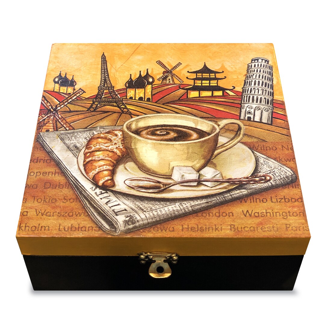 Decoupage Tea Box With 4 Compartments, Wooden Tea Box, Special Gift