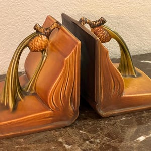 Vintage Pair of Roseville Pottery Pine Cone Bookends 1950's Mint