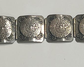 Vintage Mexico Silver Mayan Aztec Calendar Panel Engraved Link Bracelet 6 3/4" Long