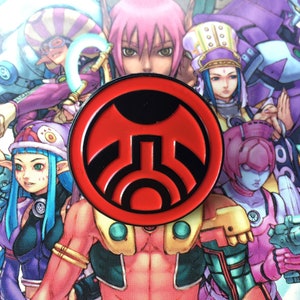 May include: A red and black enamel pin with a stylized symbol. The pin features a circular design with a black symbol on a red background. The pin is surrounded by a group of anime characters.