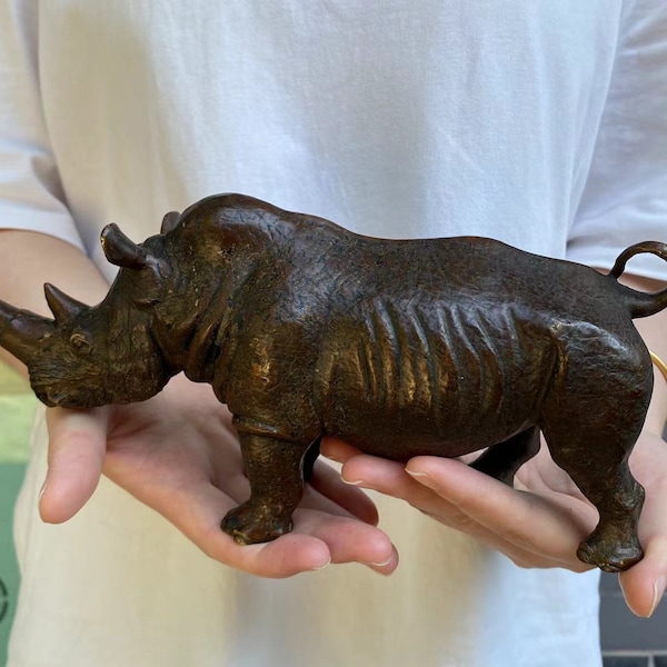 Bronze Rhino toys model figure kids, Copper Animal Rhinoceros figurine Statue, Collectible Home Office Decor Rhino Sculpture Wildlife Gift