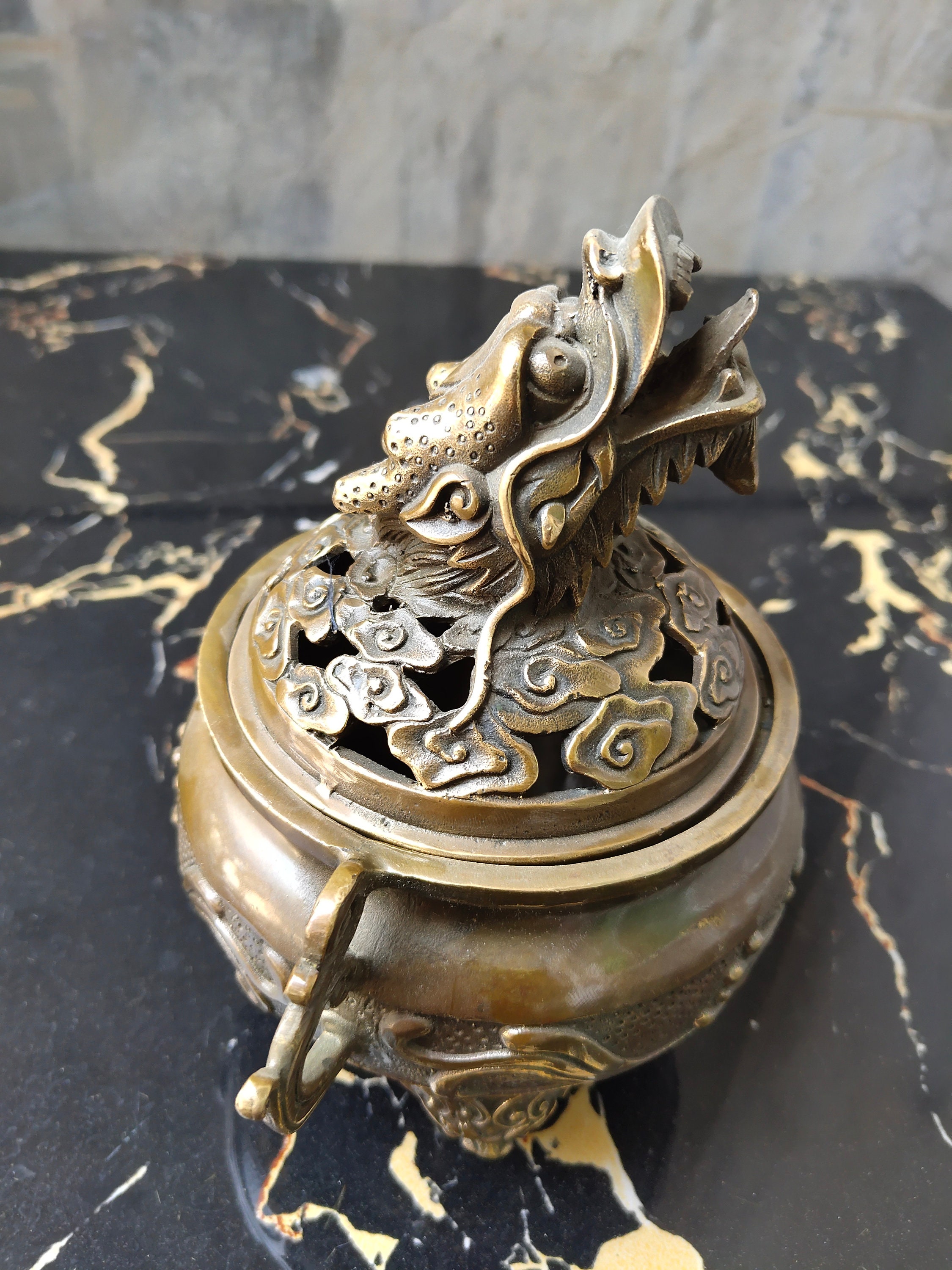 Marked China Bronze Gilt Dragon Dragons Lion Beast incense burner Censer statue 