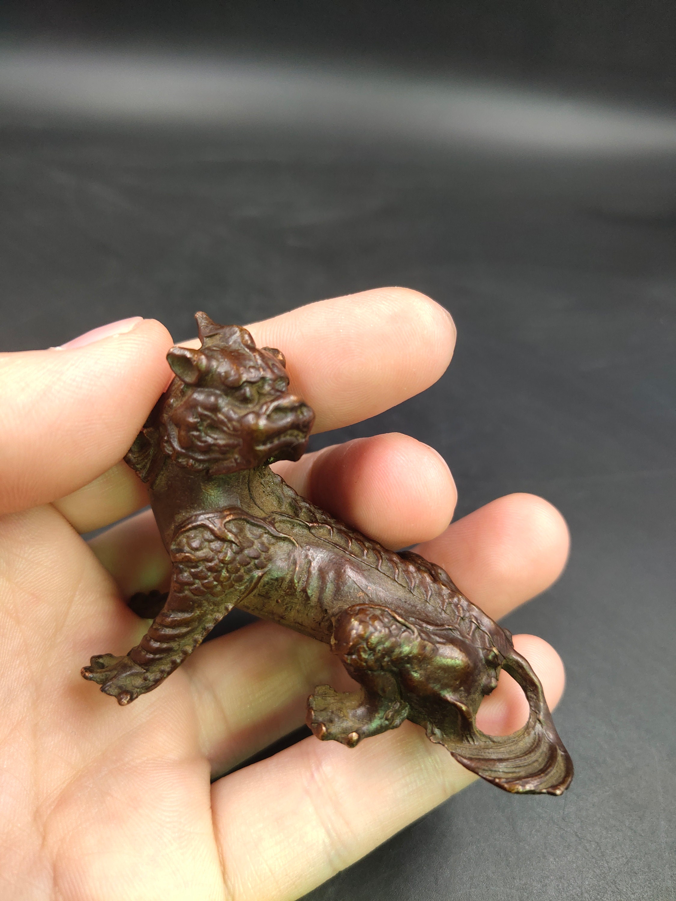 46MM Sammlung Chinesische Bronze Tier Tier Kylin Einhorn Amulett Statue Paar 