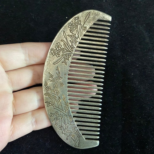 Rare Chinese Handmade Tibet Silver & White Copper Carving Dragon Comb