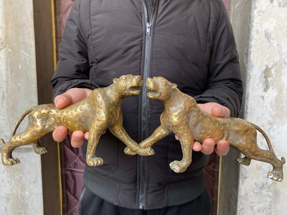Pair Bronze Metal Cougar Leopard Lion Panther Statue Sculpture Figure Big  Cat Modern Metal Gold Leopard Panther Cheetah Art Ornament Animal 
