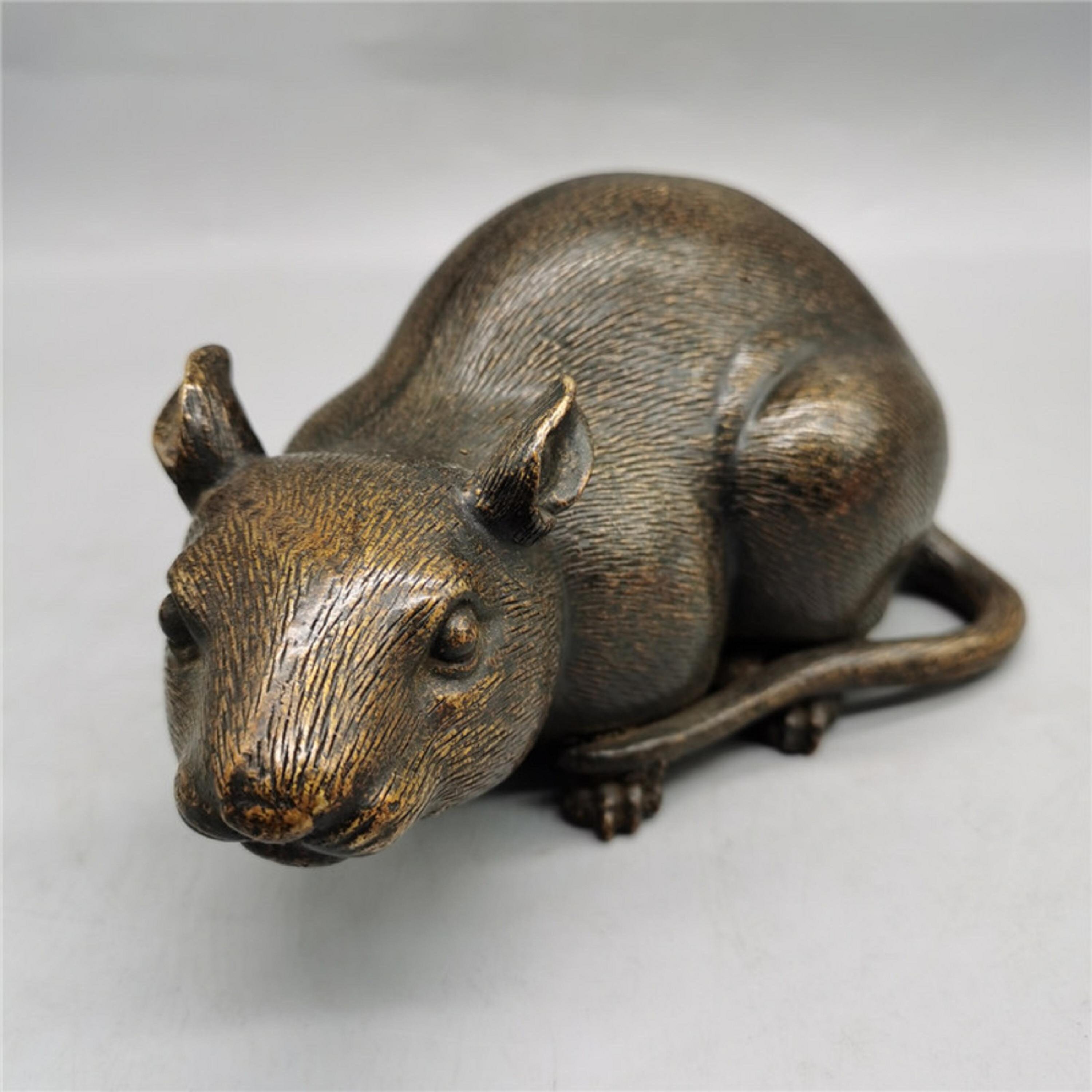 4 CM Pure Bronze Chinese Zodiac Animal Mouse Rat Mice Statuette Amulet Pendant 