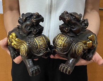 Pair Copper Fengshui Animal Pixiu Beast Wealth Bixie Statue,Old Chinese  Exorcise Evil Spirits brave troops Kylin,Good Luckly Figurine YY184