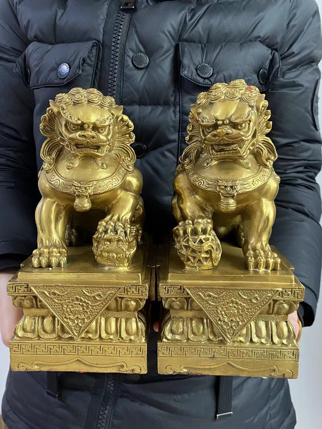 8.67A Pair Powerful Chinese Feng Shui Lions, Brass Foo Fu Dog, Lion