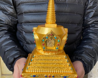 13.38" Tibet Buddhism Temple, Sakyamuni Buddha Stupa, Pagoda Tower, Tibetan 24k gold Gilt White Tara Stupa Tower 舍利塔 cinerary caske Amitabha