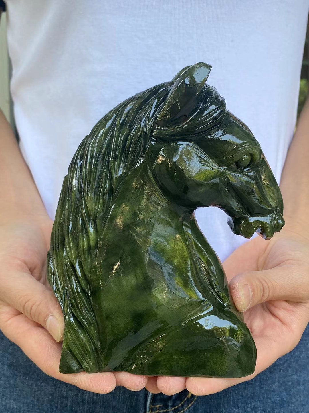 Natural Green Jade Horse Head Statue, Exquisite Hand Carved Crystal Animal, Quartz Reiki