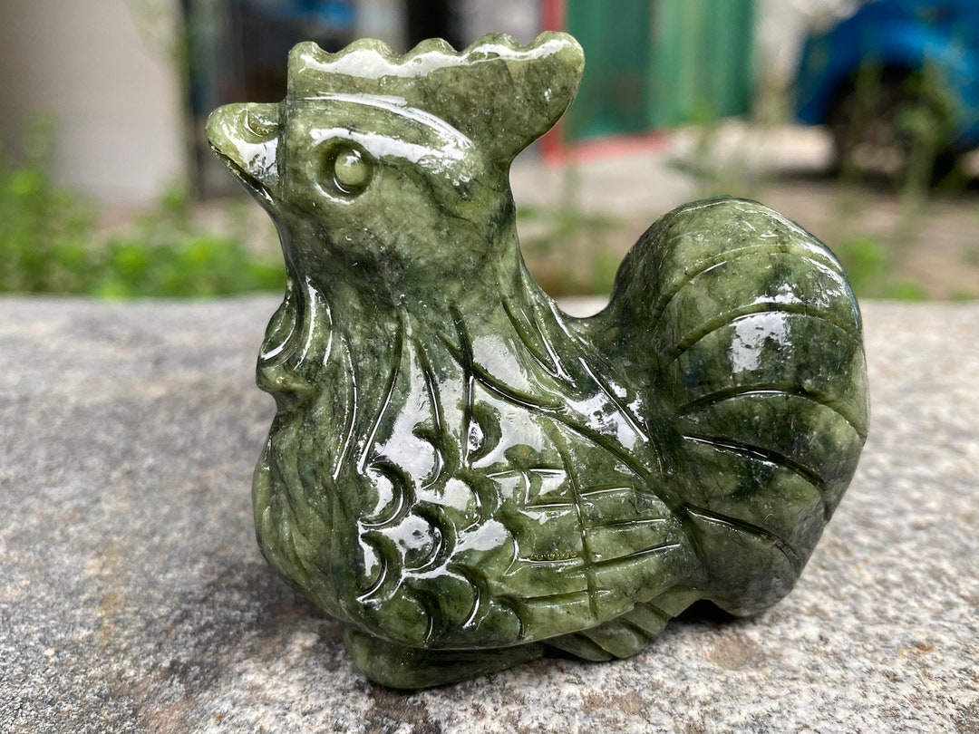 Natural Green Jade Rooster Statue, Exquisite Hand Carved Crystal Animal