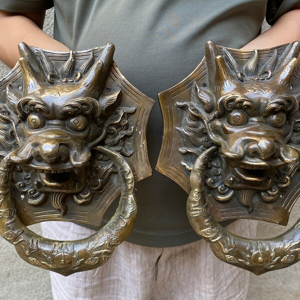 Pair Antique Heavy Copper Lion Head Door Knocker,Vintage Tiger Face Door Bell,Old Copper Feng Shui Foo Dog Door Lion Lucky Door handle JJ188