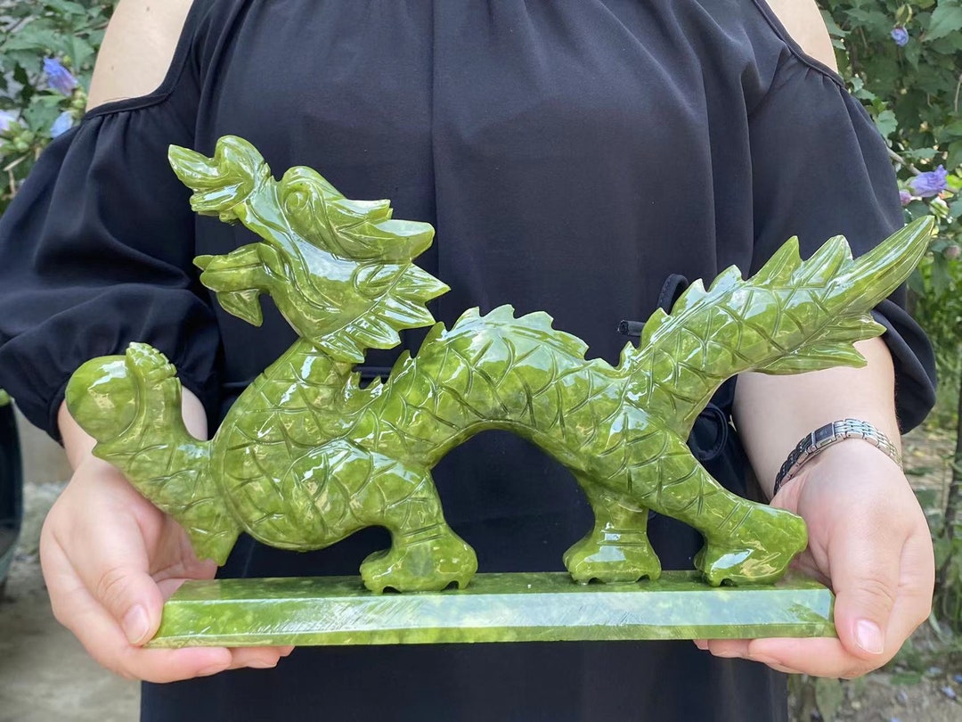 14.9''natural Green Jade Dragon Statue,exquisite Hand Carved Crystal