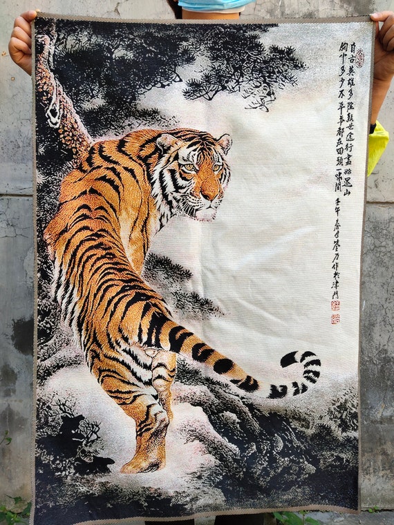 35x23 Vintage Tiger Hand Painted Silk Wall Hanging Etsy