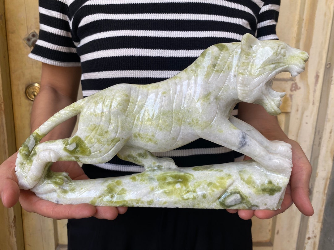 Natural Green Jade Tiger Statue, Exquisite Hand Carved Crystal Animal