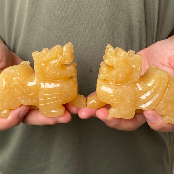 Pair Natural Yellow Jade Feng Shui Pi Yao/Pi Xiu Foo lion dog statue for Good Luck Collectible Qilin Crystal Stone brave troops Beast YY035