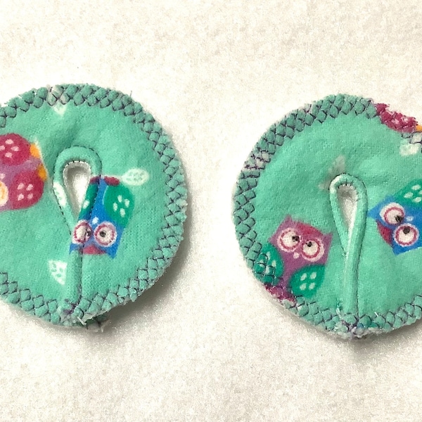 Small Feeding Tube Pads, J-Tube Pads, G-Tube Pads, Button Pads; 2 Small, both Mint Green Owl print, sewn-on Plastic snaps