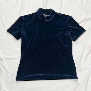 90s Blue Velvet Short Sleeve Turtleneck Top