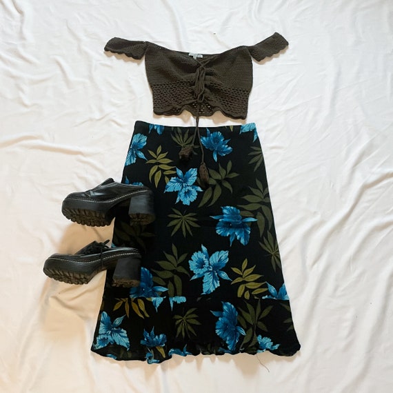 90s/Y2K Black and Blue Floral Midi Skirt