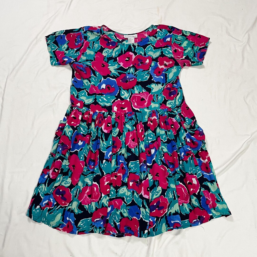 Vintage 90s 00s Y2k Light Denim Floral Midi Dress 10 12 S