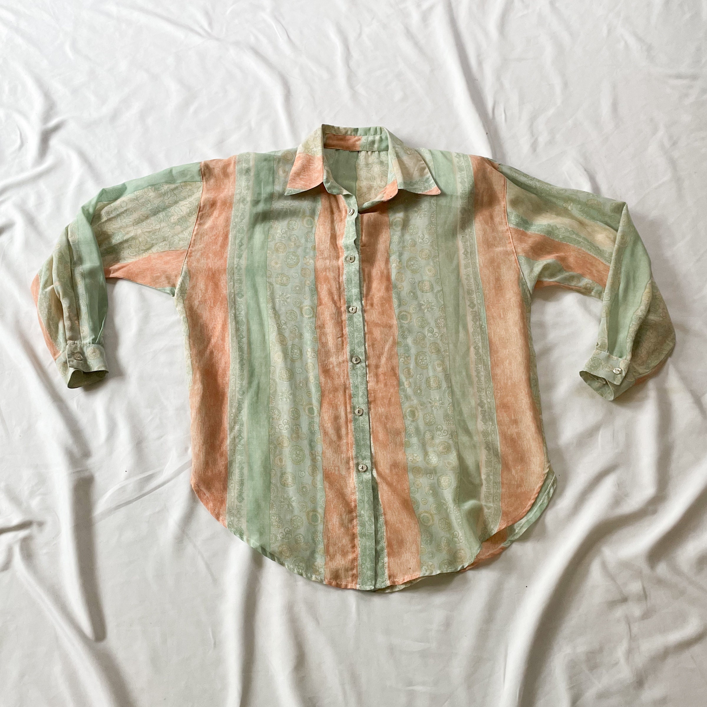 80s Long Sleeve Orange and Green Boho Blouse