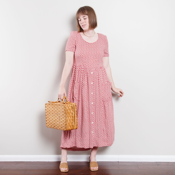 80s Red Floral Midi Dress