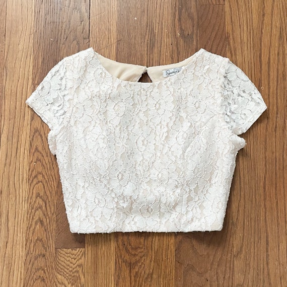90s Cropped White Lace Short Sleeve Top - image 1