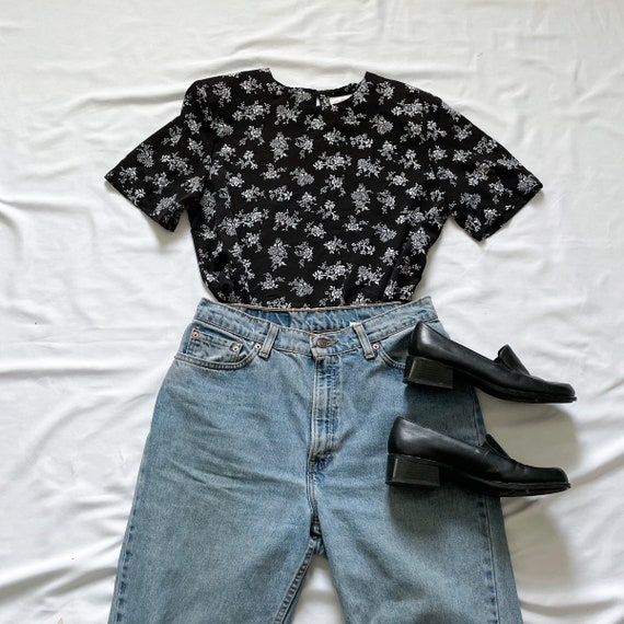 80s Black Blouse with White Floral Pattern