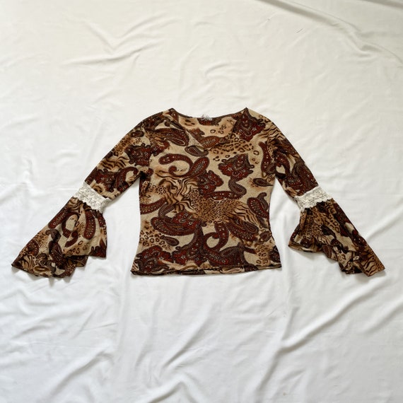 90s Brown and Tan Paisley and Animal Print Blouse - image 2