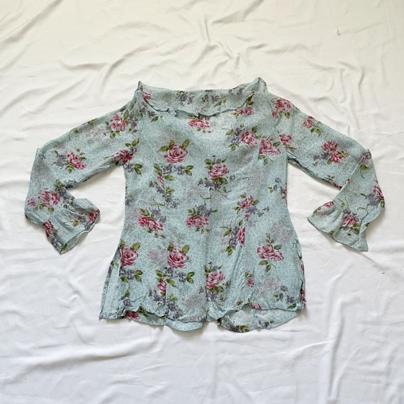 90s Blue Floral Sheer Button Up Top - image 3