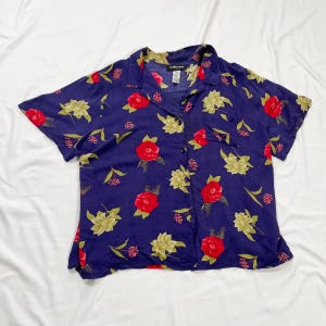 90s/Y2K Purple Floral Button Up Short Sleeve Top Size 3X
