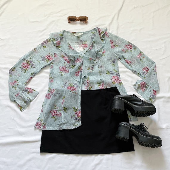 90s Blue Floral Sheer Button Up Top - image 1
