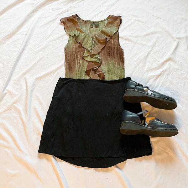 90s Green and Brown Sere Nade Ruched Blouse