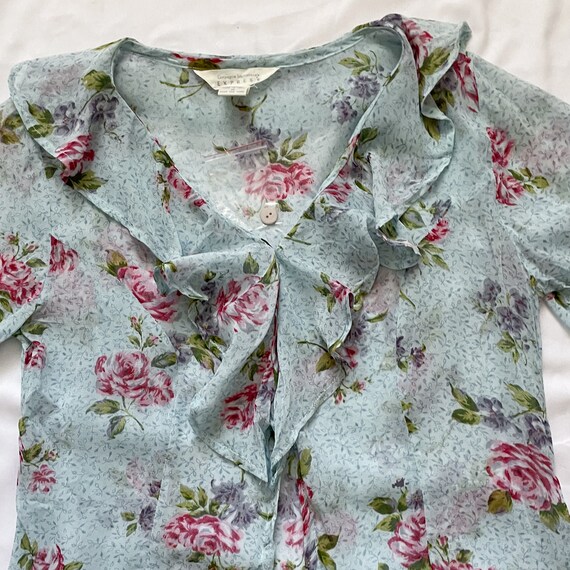 90s Blue Floral Sheer Button Up Top - image 4