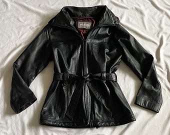 90s Black Wilsons Leather Trench Coat Size Medium