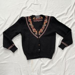 80s Black Wool Floral Cardigan Size Medium